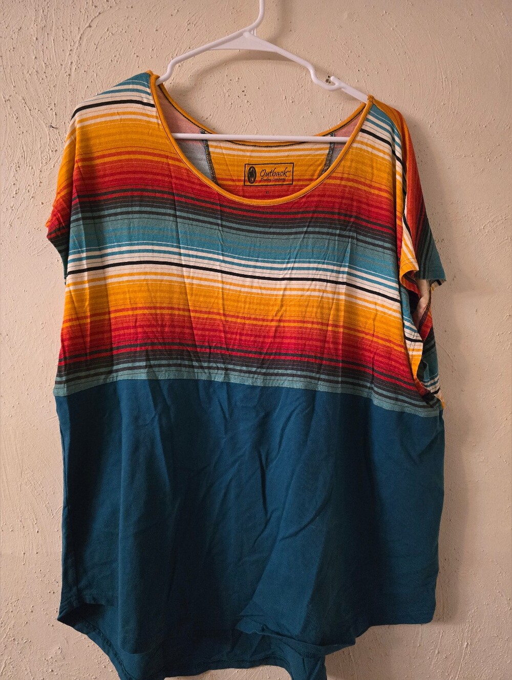 striped scoop-neck women's top in teal and multicolor